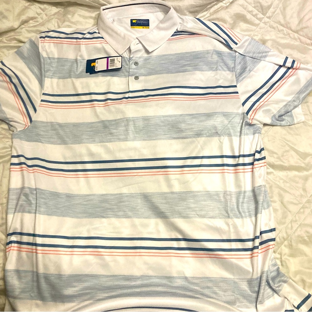 Jack Nicklaus XXL polo shirt, orange and blue striped, moisture wicking, NWT